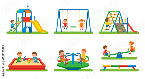 Colorful playground equipment set with children enjoying outdoor activities