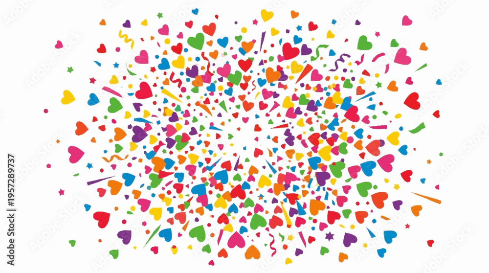 Fototapeta premium Colorful hearts and shapes explode in a vibrant celebration scene with heart shapes.