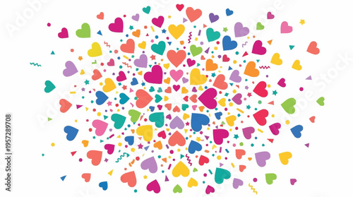 Vibrant hearts explode in a colorful festive scene with joyful emotions and love symbols floating freely.