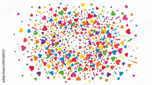 Colorful hearts and shapes explode in a vibrant celebration scene with heart shapes.