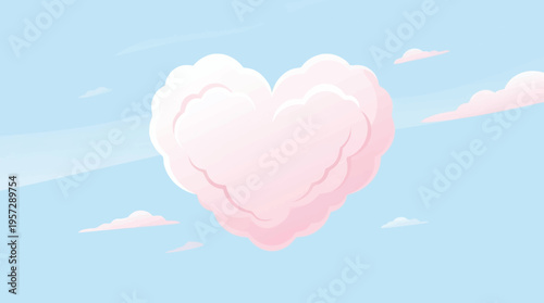 A pink heart shaped cloud floats in the blue sky with white clouds.