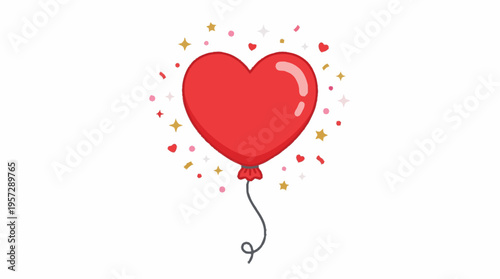 A red heart-shaped balloon floats amidst colorful confetti and stars in a celebratory scene with love heart symbol.
