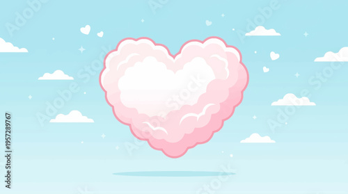 A pink heart shaped cloud floats in the blue sky with white clouds.