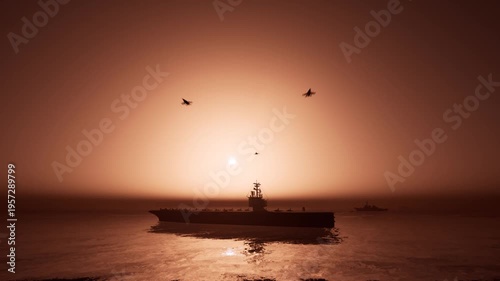 Aircraft carrier silhouette at sunset with fighter jets flying over the ocean.3D animation.