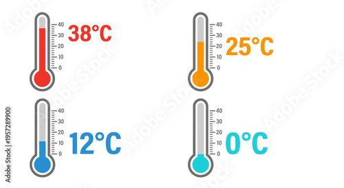 Four thermometers displaying varying temperatures in celsius scale