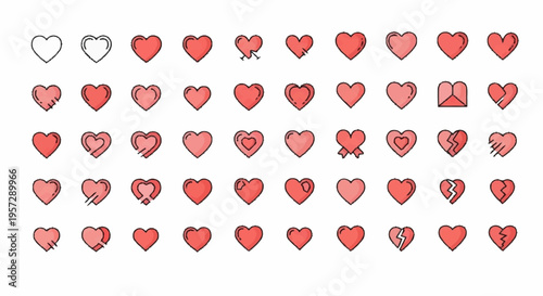 A diverse collection of pixelated heart icons in various states of completeness and design