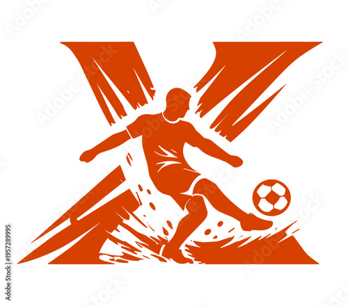 Football Alphabet Letter X with Sliding Tackle Player. Letter X featuring a sliding tackle soccer player. Dynamic sports alphabet illustration for branding and design.