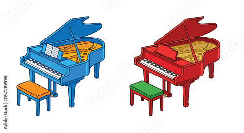 Two grand pianos one blue and one red with matching stools