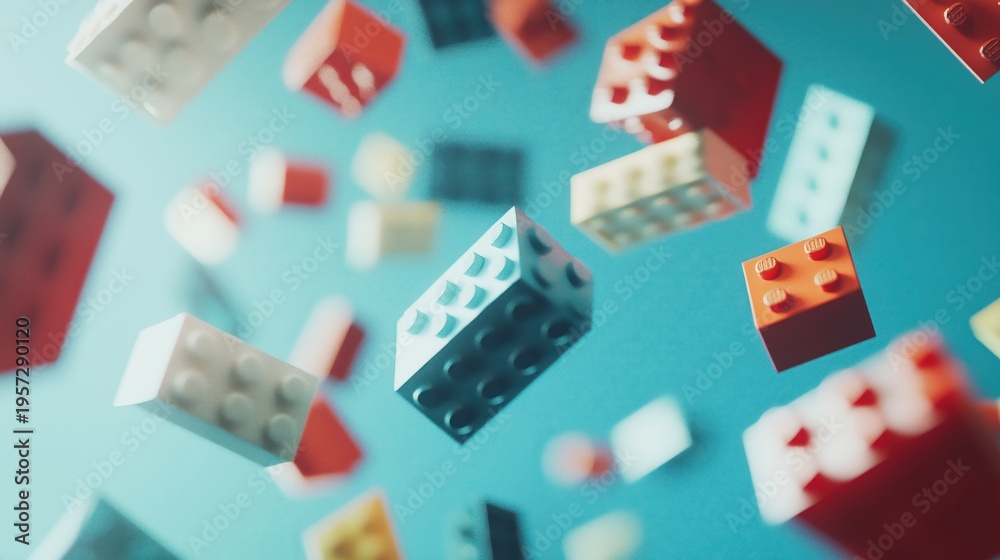 Fototapeta premium Dynamic composition of colorful plastic building blocks floating in midair against a blue background. Perfect for creativity, toys, and child development concepts