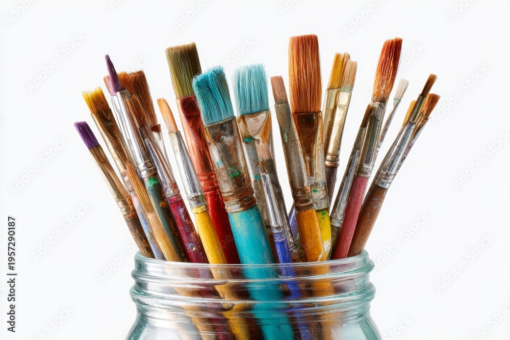 Fototapeta premium Watercolor Brushes Arranged in a Glass Jar on White Background for Creative Hobby