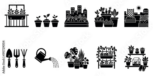 A collection of black silhouette icons depicting various aspects of urban gardening including plants in pots, gardening tools, and cityscape elements.