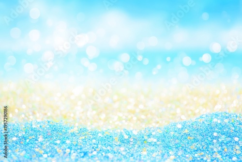 Sparkling Blue and Yellow Glitter Sand with Soft Bokeh Blue Sky and Water beach