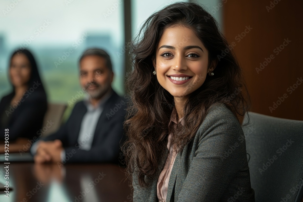 Obraz premium Cheerful young indian businesswoman with long curly hair, smiling brightly at the camera while sitting at a conference table.