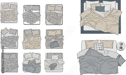 Top view messy bed collection with pillows blankets duvet covers different arrangements bedroom bedding vector illustration set for interior design planning