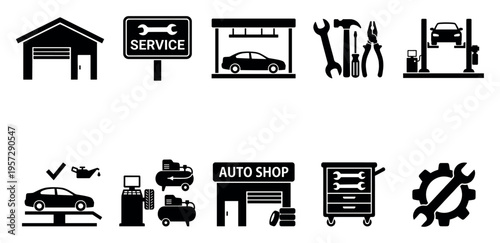 A collection of black and white vector icons representing various aspects of an auto service shop, including garages, tools, and car lifts.