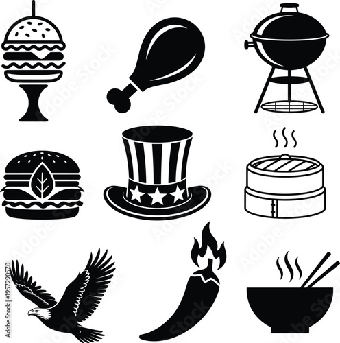 Black and white of american food and symbols american symbols barbecue grill chili pepper steamer basket