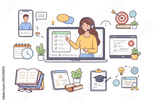 Female caucasian adult virtual tutor teaching online course with educational icons.