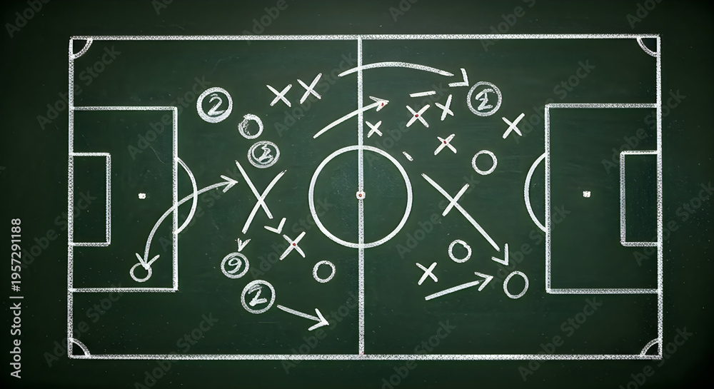 Obraz premium A chalkboard depicts a soccer field with tactical markings and player positions high-quality professional detailed