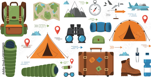 Camping and hiking equipment set with backpack tent map binoculars sleeping bag boots and outdoor adventure gear vector illustration