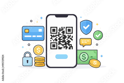 Qr code payment concept with mobile device and money icons.