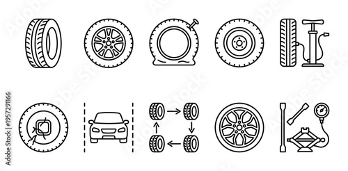 A graphic collection of clean line art icons representing various car tire services and maintenance tools, ideal for automotive and transport themes.