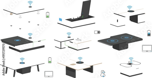 Wireless charging furniture concept set with smart tables desks and surfaces powering devices modern technology vector illustration collection