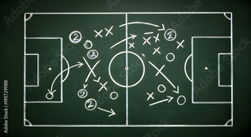 A chalkboard depicts a soccer field with tactical markings and player positions high-quality professional detailed