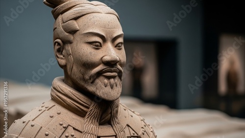 Archaeology - Close Up of Ancient Chinese Terracotta Warrior Statue with Detailed Armor and Beard in Museum