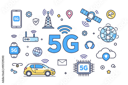 5g technology icons with car and electronic devices in vector style.