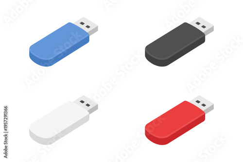 Set of four usb flash drives in blue, red, black, and white colors.