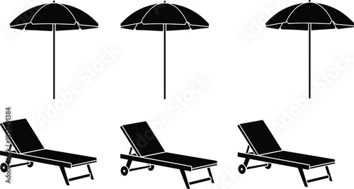 Beach umbrella and sun lounger silhouettes set, summer vacation seaside relaxation furniture vector icons isolated black beach equipment
