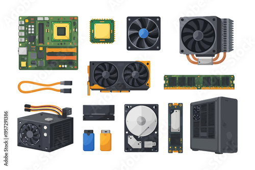 Computer components collection with circuit boards cpu gpu ram fans and storage devices.