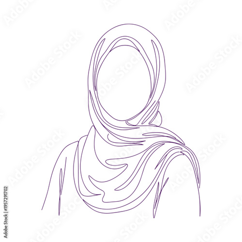 Continuous line drawing of woman wearing a hijab, traditional headscarf vector