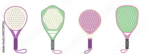 Padel tennis rackets icons set. Various shapes racquets collection. Sport Tennis equipment. Sports accessories collection. Vector flat illustration isolated on transparent background.