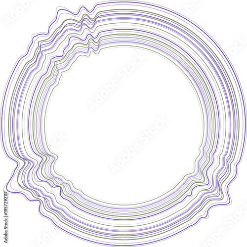 Layered wavy circular frame. Concentric wavy rings in soft purple and green gradients form organic circular border for text, logos, or UI elements in digital and print projects. Copy space
