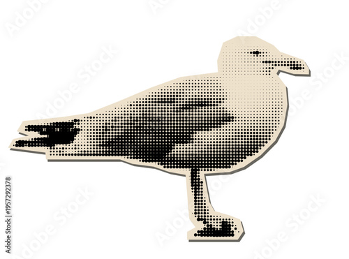 Halftone dotted seagull paper vector sticker. Magazine cutout textured bird for retro collages, scrapbooking design