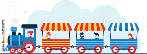 Colorful cartoon train with passenger carriages, playful transport illustration for children, featuring locomotive and riders isolated on light background