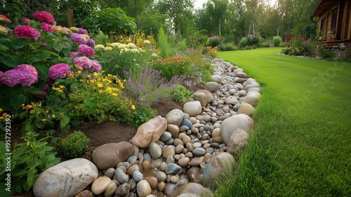 Garden with installed french drain system, landscaped yard showing gravel-filled trench with river rock, perforated pipe drainage, lush lawn and flowerbed to manage runoff and prevent waterlogging.
