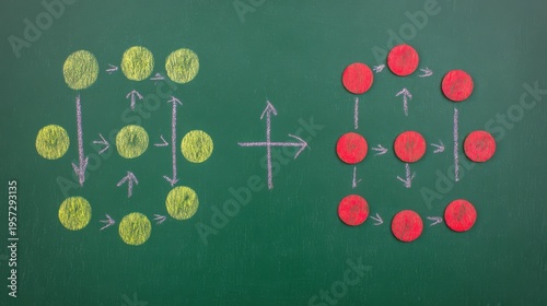 Chalkboard diagram showing transformation from yellow circles to red circles with arrows