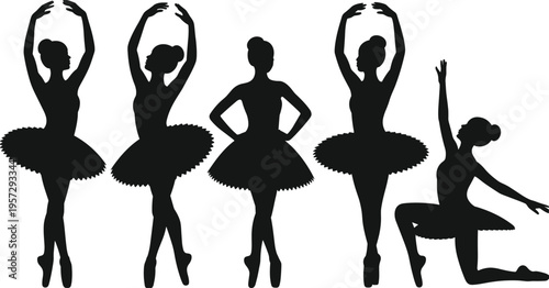 Ballet dancer silhouettes in classical tutu poses performing elegant stage movements, graceful ballerina collection isolated, flat vector illustration