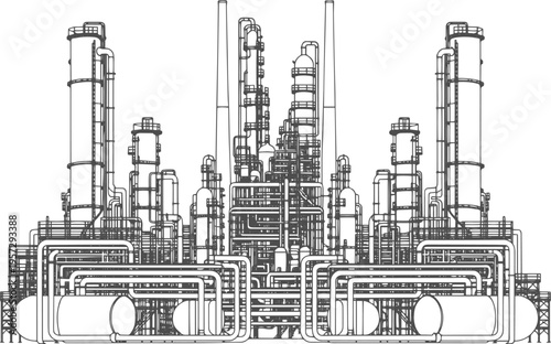 Petrochemical Plant Industrial Complex, Line Art Sketch, Vector Illustration