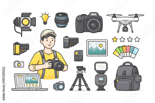 Young caucasian male photographer with camera gear and accessories.