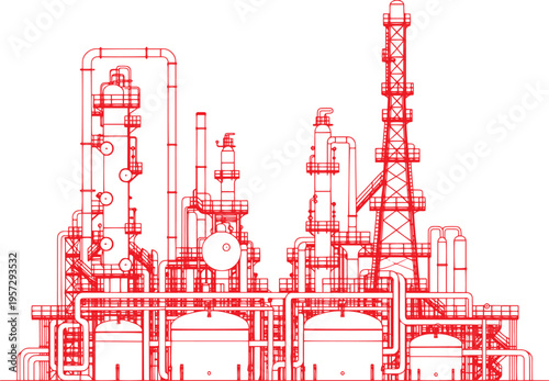 Petrochemical Plant Industrial Complex, Line Art Sketch, Vector Illustration