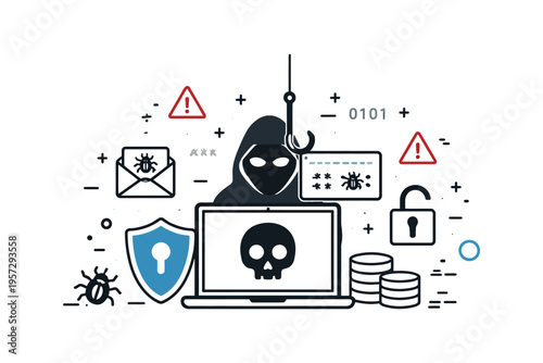 Hacker phishing threat symbolized by hooded figure and malware icons on computer.