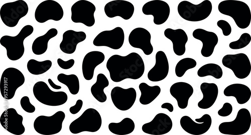 cowhide pattern spots set, animal cattle skin patches and organic abstract shapes, black cow print vector elements isolated on transparent background