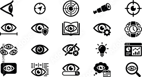 vision and eye icons set for monitoring surveillance analytic and observation systems, focus visibility and optical symbols collection, black vector illustration isolated on transparent background