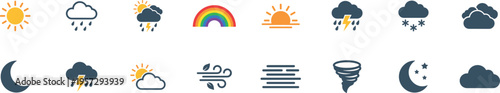 weather forecast icons set with sun cloud rain storm rainbow snow wind and moon symbols, colorful meteorology climate signs vector collection isolated on transparent background