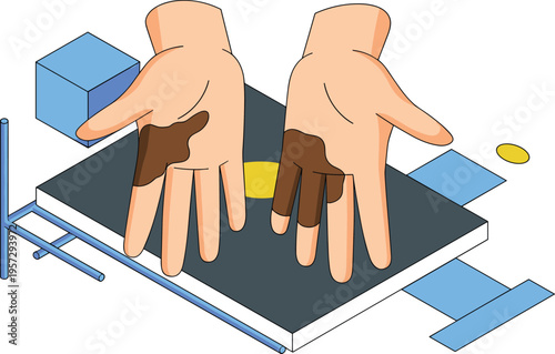 Isometric hygiene awareness illustration, dirty hands contamination concept, health risk, sanitation, infection prevention, cleanliness, safety and public health education