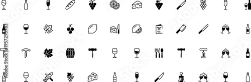 wine and food icons set with bottle glass grapes cheese bread corkscrew and kitchen utensils, winery beverage and restaurant dining symbols vector illustration isolated on transparent background