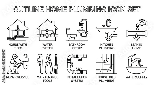 A collection of outline icons illustrating various home plumbing concepts including pipes, water systems, bathroom fixtures, repair, and tools.